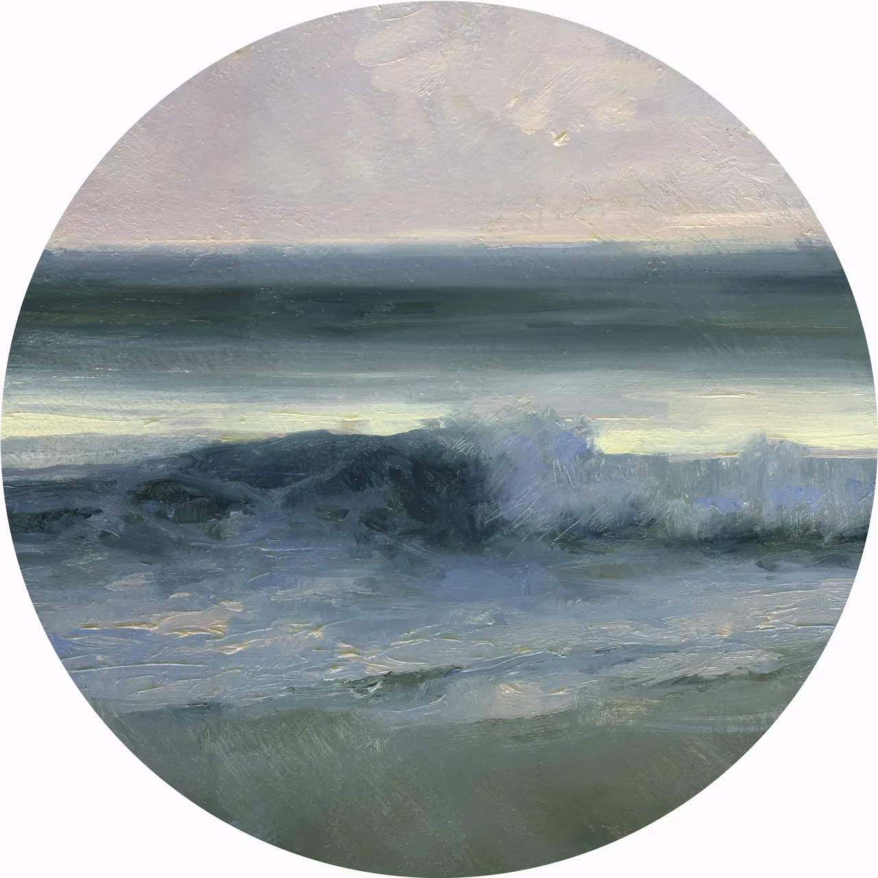 True Dawn III, oil on a round custom panel